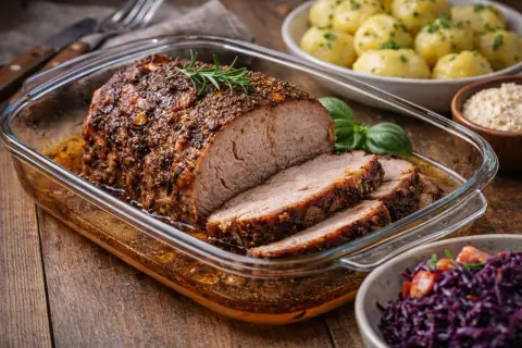 Soczysta karkówka pieczona w temperaturze 180°C, podana z ziemniakami i czerwoną kapustą. Idealna na obiad!