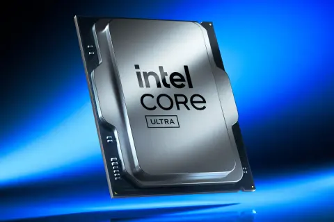 Procesador Intel Core Ultra, con su diseño plateado y el logo de Intel, listo para impulsar la próxima generación de tecnología, como un lago de flechas que guía el futuro.
