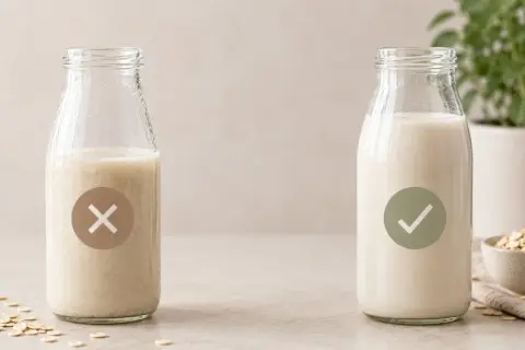 Zwei Flaschen mit Hafermilch: links eine mit X, rechts eine mit Häkchen. So gelingt hafermilch selber machen perfekt!