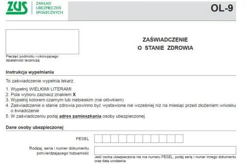 Formularz ZUS OL-9. Zaświadczenie o stanie zdrowia, które powinno być wystawione nie wcześniej niż na miesiąc przed złożeniem wniosku o przedłużenie renty.
