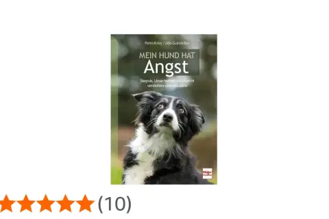 Ein Border Collie mit ängstlichem Blick schaut nach oben. Das Buchcover "Mein Hund hat Angst" zeigt, wie man die Furcht des Hundes versteht.
