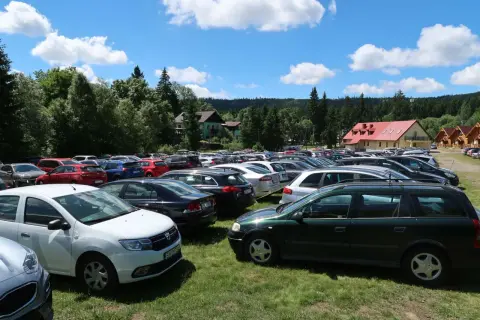 Duży parking przy Szczelińcu Wielkim. Wiele samochodów na trawie, w tle domki i las. Sprawdź cenę parkingu przed wizytą.