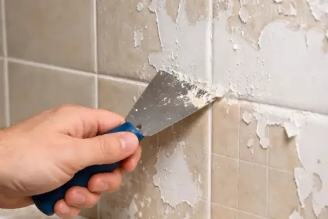 Main tenant enlever peinture sur carrelage avec une spatule. La peinture s'écaille sur les carreaux beiges.