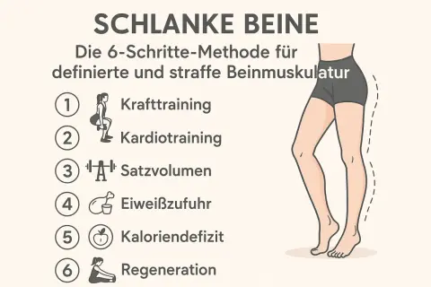 Die 6-Schritte-Methode für schlanke Beine: Krafttraining, Kardiotraining, Satzvolumen, Eiweißzufuhr, Kaloriendefizit, Regeneration. So bekommst du definierte und straffe Beinmuskulatur.