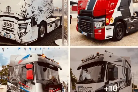 Quatre camions personnalisés, certains ornés de motifs artistiques, d'autres aux couleurs vives, illustrent les plus beaux camions de France.