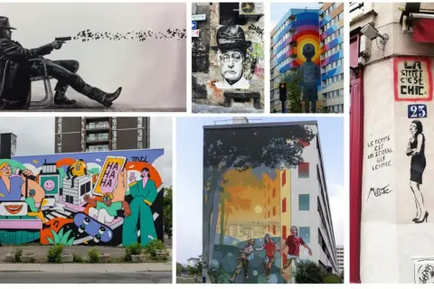 Collage de street art à Lille : un homme tirant des oiseaux, un portrait, un enfant devant un arc-en-ciel, une fresque colorée et une femme stylisée.
