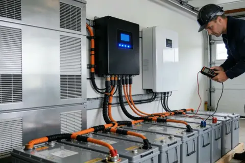 Technik z miernikiem sprawdza system magazynowania energii z bateriami i falownikiem.