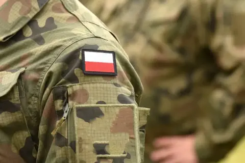 Żołnierz zawodowy w mundurze moro z naszywką z polską flagą.