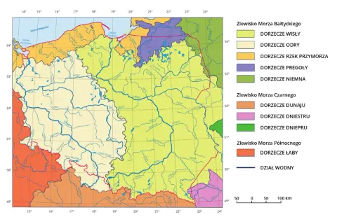 Mapa Polski z zaznaczonymi zlewiskiem Wisły, prawy dopływ Wisły to jej dorzecze.