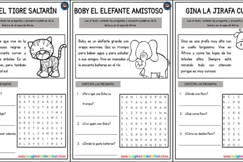 Sopa de letras en inglés imprimir con tres animales: Tito el tigre, Boby el elefante y Gina la jirafa.
