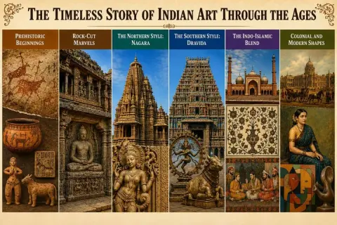 A collage showcasing the evolution of Indian art, from prehistoric cave paintings and pottery to rock-cut marvels, temple architecture, Indo-Islamic designs, and colonial-era portraits.