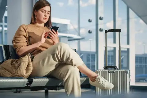 Junge Frau mit Handy in der Airport Lounge, Koffer daneben.