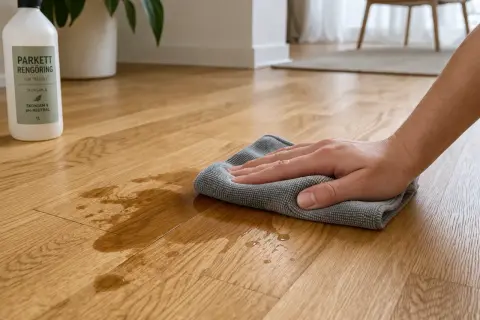 En hand torkar upp spill på ett parkettgolv med en mikrofiberduk. Flaskan med parkettrengöring står bredvid. Ett klassiskt husmorstips för att hålla golvet rent.