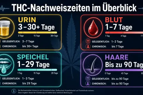 Übersicht über THC-Nachweiszeiten: Blut 1-7 Tage, Urin 3-30+ Tage, Speichel 1-29 Tage, Haare bis 90 Tage.