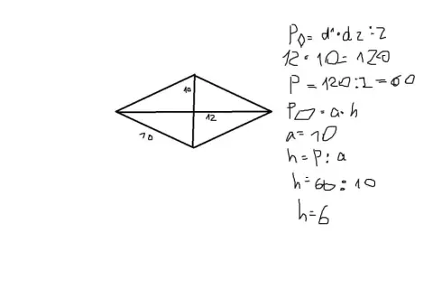 Rysunek rombu z zaznaczonymi długościami boków i przekątnych oraz wzory matematyczne.