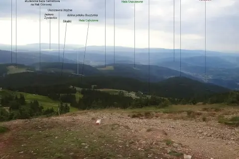 Widok na Beskid Żywiecki z zaznaczonymi szlakami górskimi. W oddali Jezioro Żywieckie.