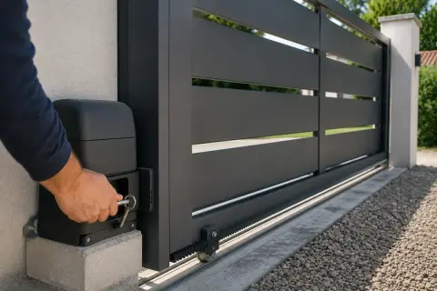 Main tenant utilise une clé pour comment débrayer un portail électrique. Le portail est gris foncé, moderne, avec des lattes horizontales.