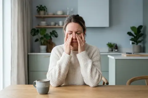 Kvinna med händerna över ögonen, ser ut att ha ont i bihålorna, kanske smittar bihåleinflammation.
