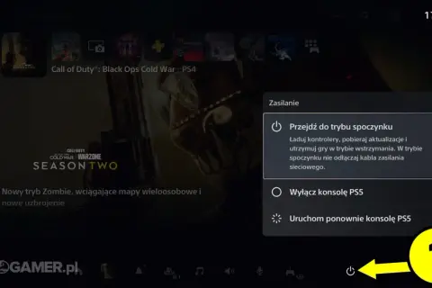 Menu zasilania PS5, gdzie można wybrać, jak wyłączyć PS5: tryb spoczynku, wyłączenie lub ponowne uruchomienie.
