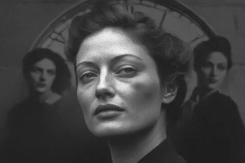 Portrait d'une photographe femme, son regard intense captivant, tandis que deux silhouettes féminines floues se tiennent derrière elle, évoquant un passé ou une inspiration.