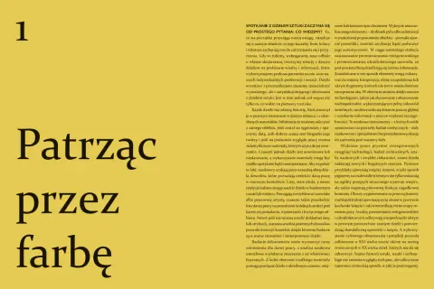 Symbolizm co to? Wielkie litery "Patrząc przez farbę" i numer 1 na żółtym tle. Tekst omawia analizę dzieł sztuki.