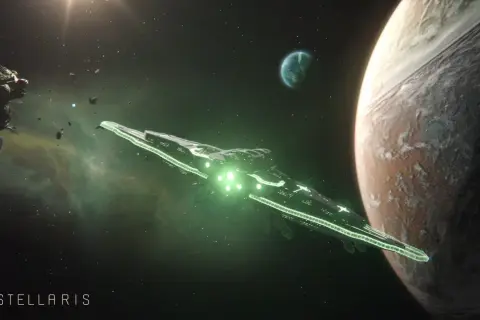 Statek kosmiczny Stellaris 2 z zielonymi światłami zbliża się do planety.