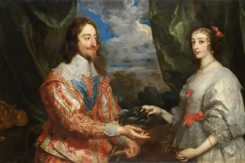 Portret pary królewskiej, wspaniałe dzieła Antoona van Dycka. Król Karol I i królowa Henrietta Maria w bogatych strojach.