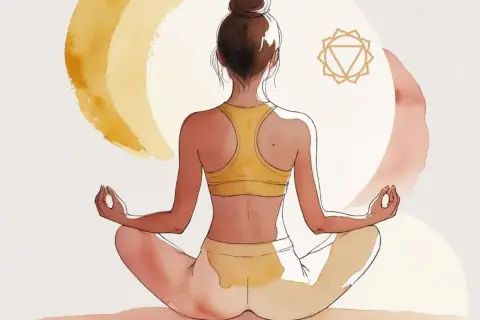 Donna in meditazione, con il simbolo del terzo chakra. Potrebbe indicare i **terzo chakra bloccato sintomi** come mancanza di autostima.