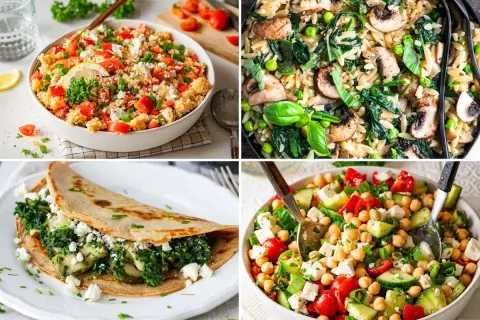 Vier gesunde Gerichte: Couscous-Salat, Nudelgericht mit Pilzen, gefüllter Crêpe und Kichererbsensalat.