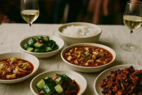 En härlig måltid med koreansk mat, inklusive dumplings, tofu och ris, perfekt ackompanjerad av ett glas vitt vin.