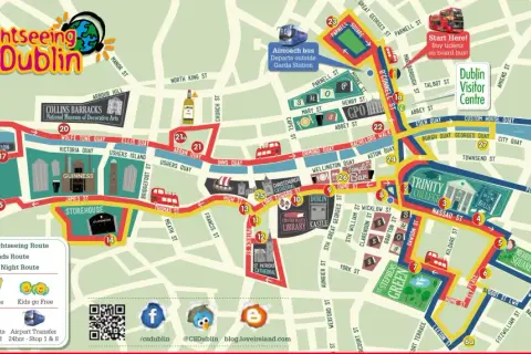 Mapa turystyczna pokazuje, gdzie jest Dublin, z zaznaczonymi trasami autobusów wycieczkowych, zabytkami i atrakcjami.