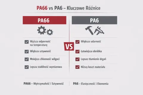 Porównanie PA66 i PA6: PA66 ma wyższą odporność na temperaturę i sztywność, PA6 większą udarność i niższy koszt.
