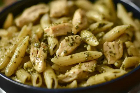 Penne z kurczakiem w sosie pesto, danie pełne smaku i aromatu.