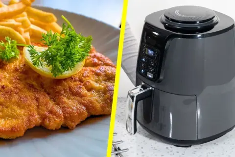 Knuspriges Schnitzel mit Pommes und ein Airfryer – die perfekte Kombination für eine schnelle und gesunde Mahlzeit.