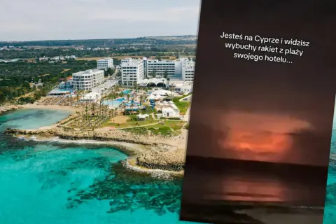 Widok na hotel i plażę na Cyprze, obok zdjęcie z tekstem "Jesteś na Cyprze i widzisz wybuchy rakiet z plaży swojego hotelu...", rodzi pytanie: czy Cypr jest bezpieczny?