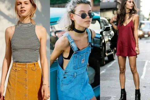 Moda damska lat 90. w trzech odsłonach: dziewczyna w sztruksowej spódniczce, w jeansowym ogrodniczku i w satynowej sukience.