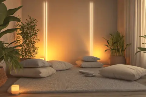 Gemütliche Meditationsraum Ideen: Kissen, Pflanzen und warmes Licht schaffen eine Oase der Ruhe.