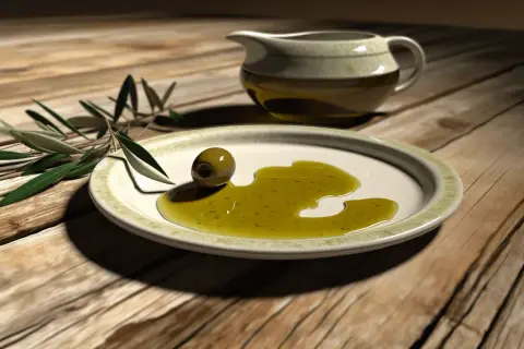 Na talerzu oliwa z oliwek i oliwka. Czy oliwa z oliwek może się zepsuć? W tle dzbanek z oliwą.
