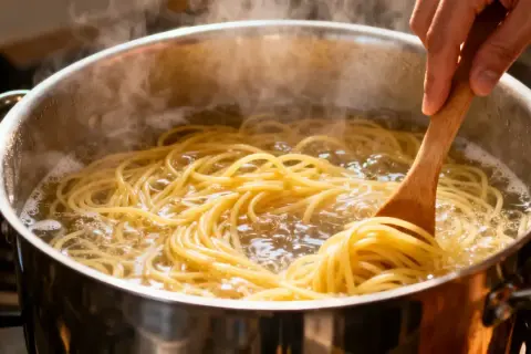Des pâtes spaghetti bouillonnent dans une casserole, prêtes à être mélangées avec du pistou pour un plat savoureux.