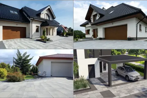 Nowoczesny podjazd do domu z garażem i wiatą samochodową. Eleganckie płyty betonowe tworzą schludną przestrzeń.