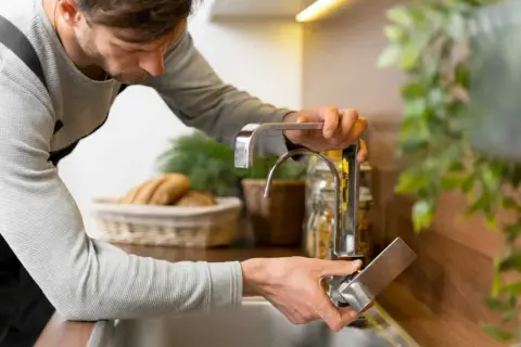Man installing a faucet. ¿Cuánto cuesta poner un regulador de presión de agua?