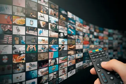 Dłoń trzymająca pilot do telewizora, wybierająca treści z ekranu z wieloma oknami, sugerującymi interaktywne funkcje HbbTV.