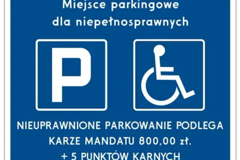 Znak informuje o miejscu parkingowym dla niepełnosprawnych. Nieuprawnione parkowanie grozi mandatem 800 zł i 5 punktami karnymi.