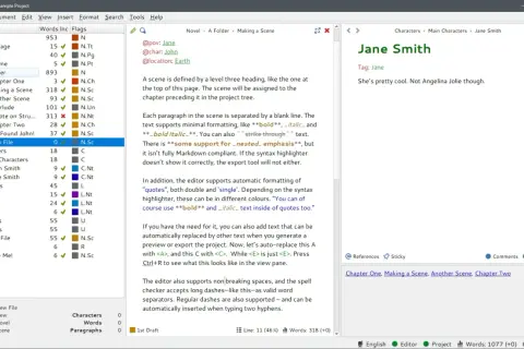 Interface de logiciel d'écriture pour roman, avec une arborescence de projet à gauche et un éditeur de texte à droite. Idéal pour écrire votre prochain roman, ce logiciel est comme un scrivener gratuit.