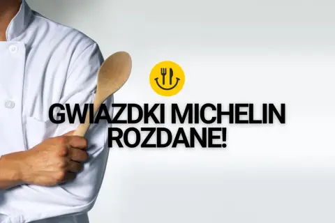 Szef kuchni z drewnianą łyżką i uśmiechniętą ikonką jedzenia. Gwiazdki Michelin rozdane! Polska kuchnia na światowym poziomie.