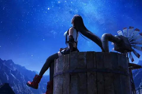 Tifa Lockhart blickt unter dem Sternenhimmel auf, während die Kraft der Musik von FF7 Remake die Nacht erhellt. Ein Windrad steht neben ihr.