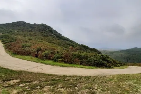 Camino serpenteante en Serra do Cando, rodeado de vegetación verde y marrón bajo un cielo nublado.