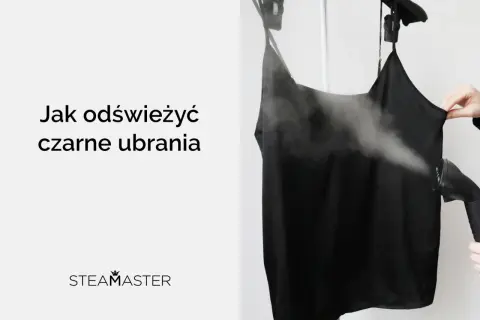 Jak przywrócić czarny kolor ubraniom? Para z parownicy odświeża czarną sukienkę, usuwając zagniecenia i przywracając głębię koloru.