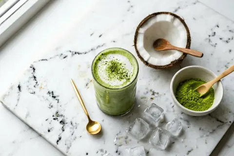 Un verre de houmous claire au matcha, garni de poudre verte, à côté d'une noix de coco ouverte et de glaçons.