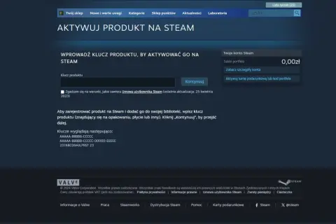 Formularz aktywacji klucza produktu na Steam z polem do wpisania klucza i przyciskiem "Kontynuuj".